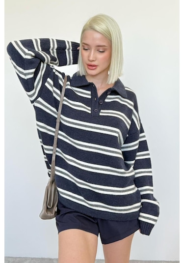 Lacivert Polo Yaka Çizgili Kadın Triko Kazak Mg2469 Lacivert