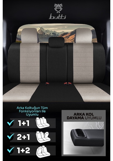Bej - Siyah Butti Lino Serisi Keten Kumaş Premium Oto Koltuk Kılıfı Ortopedik Destekli, Ön Arka Tam Set