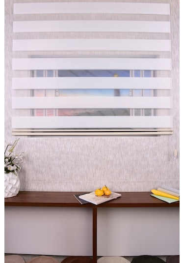 Ekru Pliseli Etek Dilimsiz İp Plise Zebra Stor Güneşlik Perde