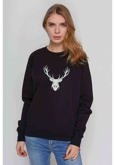 Silhouette Deer Baskılı Siyah Kadın Sweatshirt