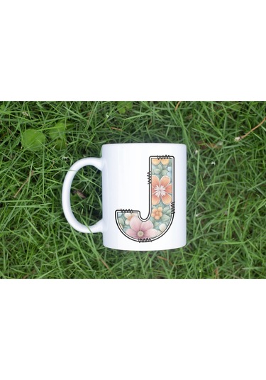 J Harfli Pastel Çiçek Desenli Kahve Kupası - Kişiye Özel Çiçekler Koleksiyonu Bardak - Hediye Beyaz