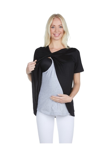 Luvmabelly Maternity 3502 Siyah Pamuklu Lohusa Emzirme Bluz