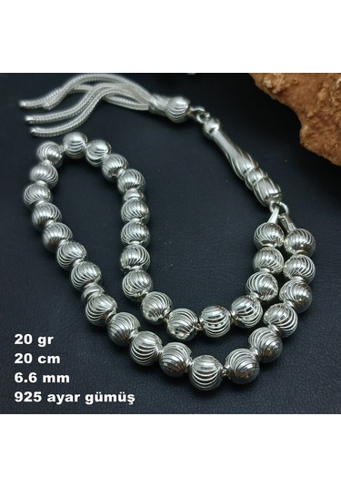 925 Ayar Gümüş Tesbih Yuvarlak Kesim Kalem İşlemeli Orta Boy