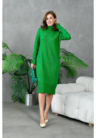 Kadın Balıkçı Yaka Kışlık Triko Elbise Yeşil