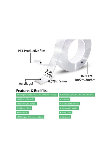 Pazly Çift Taraflı Akrilik Jel Bant 2mmx3cmx500cm - Dayanıklı Ve Şeffaf Yapıştırıcı Band