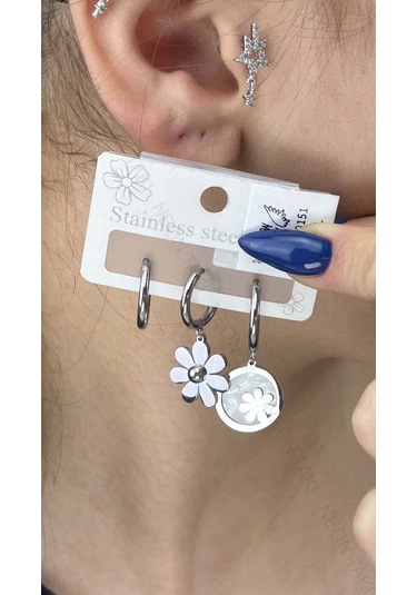 Çoklu Küpe, Çiçek, Sallantılı, Halka, Paslanmaz Çelik Küpe 151, Gümüş Renk Gümüş