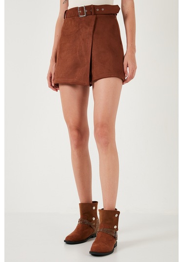 Lela Kışlık Regular Fit Asimetrik Kesim Fermuarlı Bayan Şort Etek 5865973 Taba