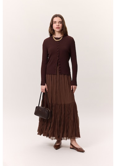 Crush Piliseli Uzun Etek Kahverengi Kahverengi