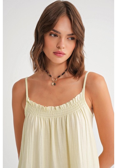 4740 Kadın Askılı Müslin Midi Elbise Sarı Sarı