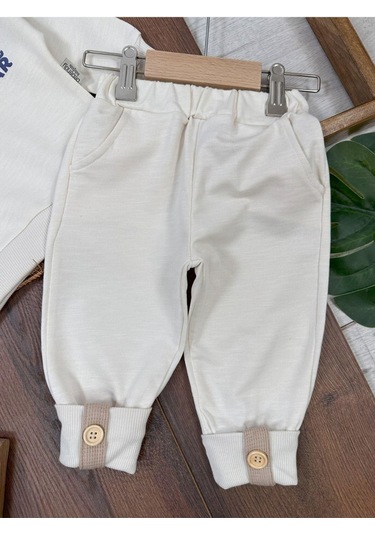 Ayıcık Baskılı Bisiklet Yaka Düğme Detaylı 2'li Bebek Takım Beyaz
