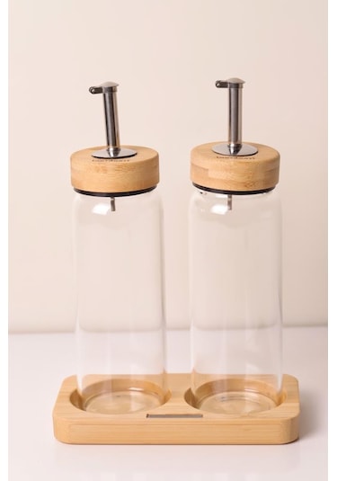 Bambu Kapaklı Cam Yağlık & Sirkelik Seti 2'li Standlı 300ml Şeffaf