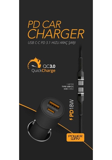 Powerway CC36 Type-C Kablolu PD 18 W Hızlı Araç Şarjı