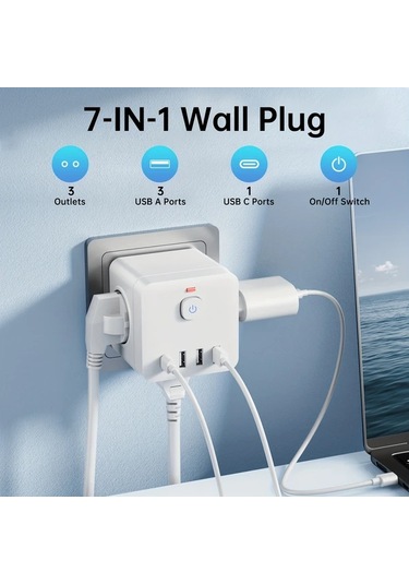 Xuweiwei 7li Fonksiyonlu Güç Küpü Siyah 3 Ac Priz 4 Usb Port Usb C Hızlı Şarj Dalgalanma Korumalı Taşınabilir Çok Amaçlı Adaptör