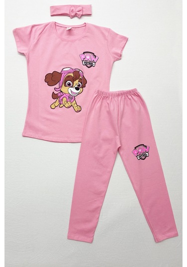 Kız Çocuk Taytlı Takım Saç Bandı Hediyeli Baskılı C64 Pembe