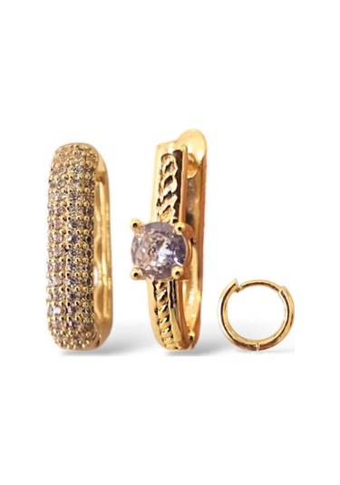 Tektaş Model Üçlü Çelik Küpe Altın