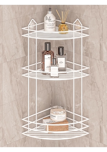 MultiStore Ömür Boyu Paslanmaz Yapışkanlı Banyo Köşeliği Düzenleyici Şampuanlık Duş Rafı Beyaz EK03 Beyaz