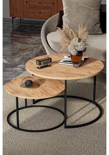 Orta Sehpa Bade İkili Lüx Yan Sehpa Masa Atlantik Çam Kahverengi