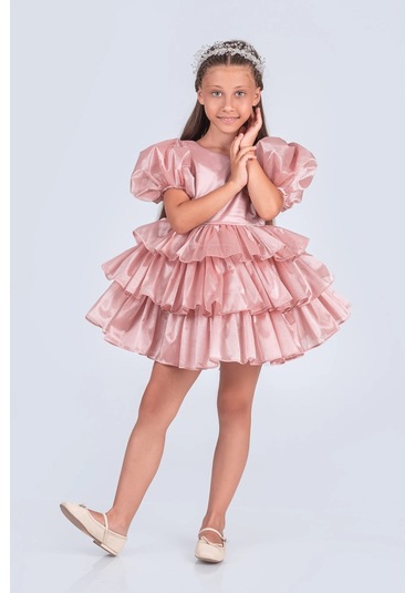 Volanella Taçlı Kız Çocuk Abiye Çift Tarz, Tek Elbise. Pudra