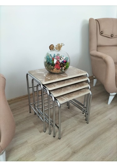 Evko Mobilya Buket Sehpa, 4'lü Zigon Sehpa, Dörtlü, Krom-kapiçino