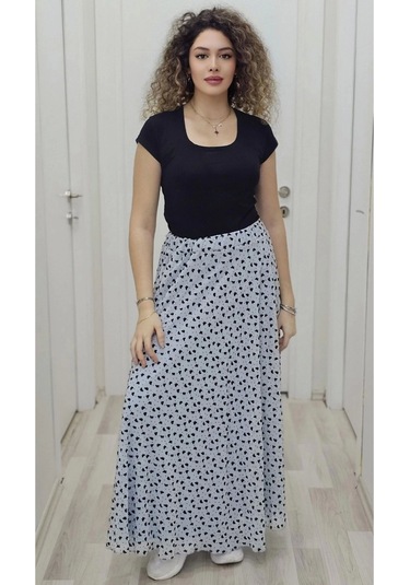 Bel Lastikli Flok Baskılı Kloş Şifon Etek 6003-siyah/mavi Siyah/mavi Siyah - Mavi