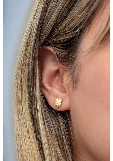 Nereze 925 Ayar Gümüş Minimal Gold Kaplama Yonca Küpe