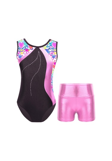 Çocuk Kız Kolsuz Baskılı Patchwork Leotard Metalik Yüksek Bel Şort Setleri Dans Pateni Jimnastik Tulum Göl Yeşili Yeşil