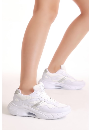 Tonny Black Kadın Beyaz Faylon Taban Şeritli Bağcıklı Spor Ayakkabı Beyaz