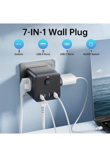 Xuweiwei 7li Fonksiyonlu Güç Küpü Siyah 3 Ac Priz 4 Usb Port Usb C Hızlı Şarj Dalgalanma Korumalı Taşınabilir Çok Amaçlı Adaptör