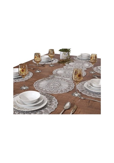 Gümüş Simli Gri Renk Amerikan Servis Supla Ve Runner Seti 6 Kişil