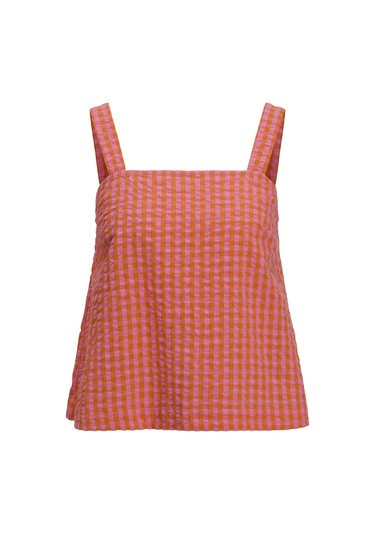 Jack & Jones Kadın Kalin Askili Ekose Desenli Bluz - Petra - 12277417 Persimmon Orange