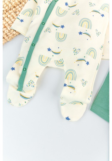 Gökkuşağı Temalı 2'li Uzun Kollu Kız/erkek Bebek Tulum Takım Yeşil
