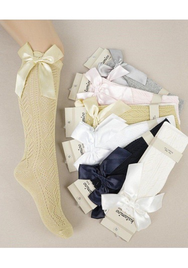 1 Adet Kız Çocuk Desenli Lacivert Diz Altı Kurdeleli Çorap-1038 Lacivert