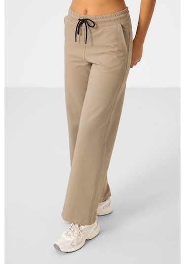 Koyu Bej Dik Yaka Fermuarlı Pamuklu Kadın Eşofman Tunik Takım - 95346 Bej