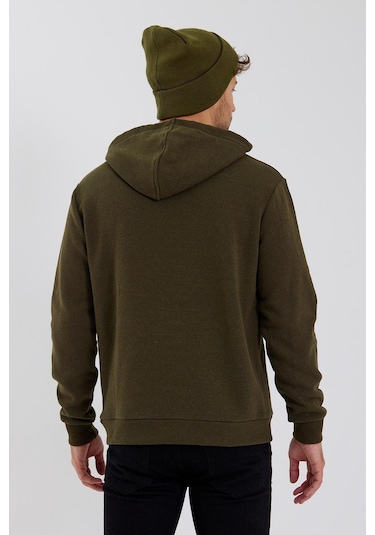 Polostate Erkek Kapüşonlu Baskılı 3 İplik Sweatshirt Haki