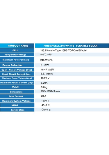 250 Watt Esnek Panel Topcon Hücreli Yüksek Performanslı