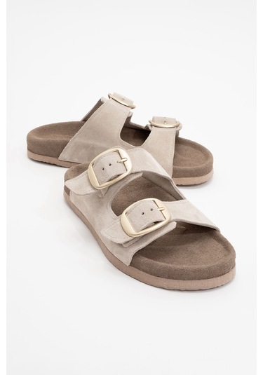 Ovesta Açık Bej Süet Hakiki Deri Çift Bantlı Kadın Terlik Bej