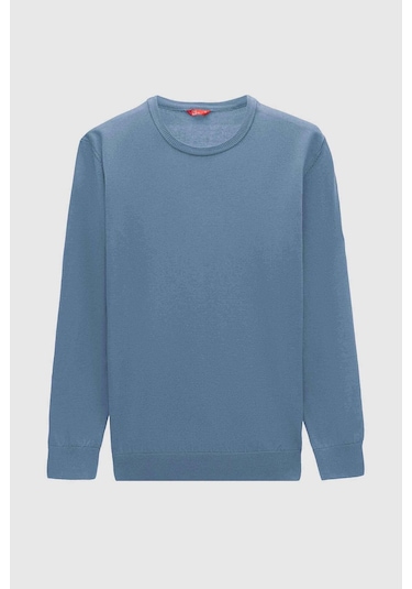 Regular Fit Koyu Mavi Tüylenme Yapmayan Bisiklet Yaka Triko Kazak Mavi