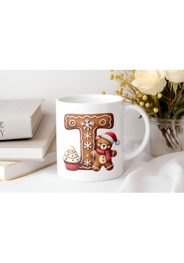 T Kurabiye Harf Ve Ayıcık Detaylı Kupa Bardak - Yeni Yıl / Yılbaşı Temalı Tasarım - Noel Hediye Beyaz