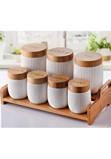 Gönül Gnl3503 Bambu Kapaklı Baharat Saklama Seti 7 Li Beyaz