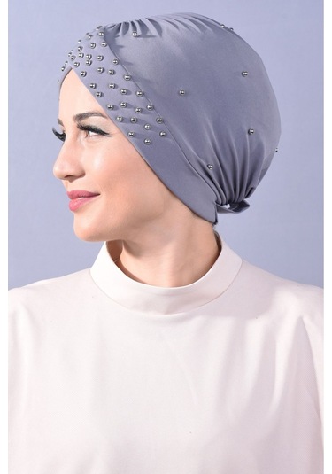 Kadın Tesettür İncili Taşlı Havuz Dış Bone Koyu Gri Koyu Gri