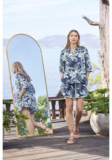 Monamise Kadın Yaprak Desenli Önü Düğmeli Gömlek Yaka Alt Üst Takım 25015 Lacivert