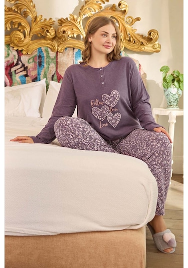 Büyük Beden Termal Kadın Uzun Kol Pijama Takımı 240683 Mor Mor