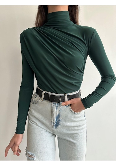Kadın Büzgü Detaylı Dik Yaka Sandy Bluz Zümrüt