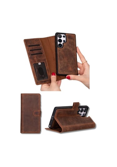 Toyigoo Toyigoo Samsung Galaxy S25 Ultra Uyumlu, Hakiki Deri, El Yapımı, Cüzdanlı Kılıf, Antik Kahve