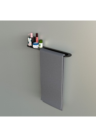 Modern Banyo Rafı Ve Havlu Askısı, Metal Duvar Montajlı, Dekoratif Duş Rafı Siyah, 44x9 Cm Siyah