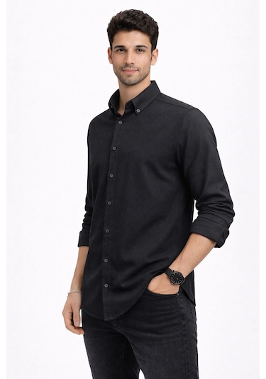 Classics Men Plus Barkod Uzun Kol Slim Fit Erkek Gömlek - 7579 Siyah