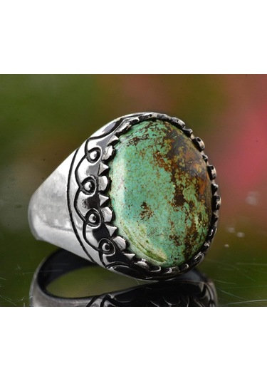 Gerçek Arizona Yeşil Turkuaz Taşı Yüzük, 925 Ayar Gümüş Yüzük Erkekler İçin Gümüş