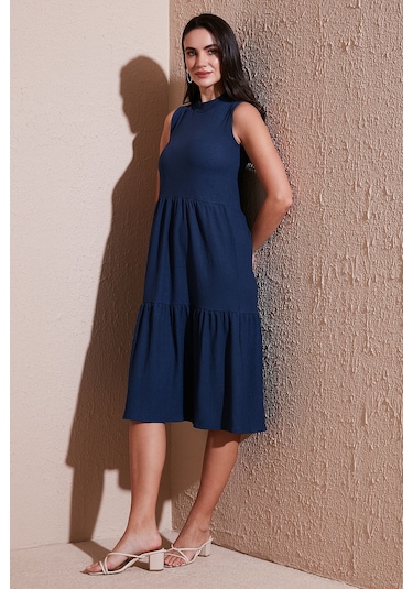 Lela Regular Fit Kolsuz Midi Bayan Elbise 5869008 Indigo