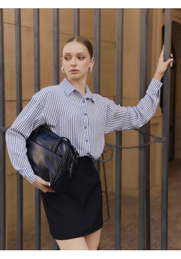 Shabrand Uzun Keten Çizgili Oversize Gömlek 450933791 Mavi