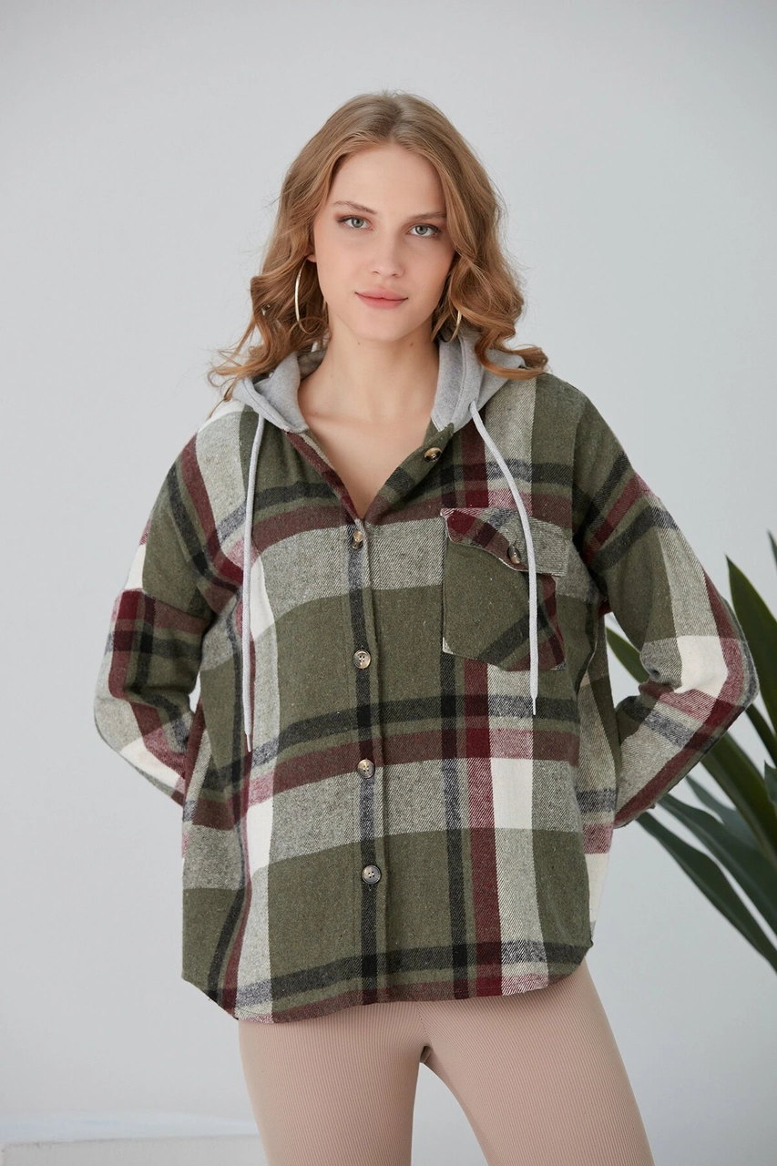 Pikka Online Kadın Çok Renkli Haki Oduncu Oversize Kapüşonlu Ceket Gömlek Haki